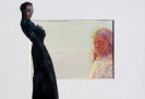 Man, portrait and woman in black, 